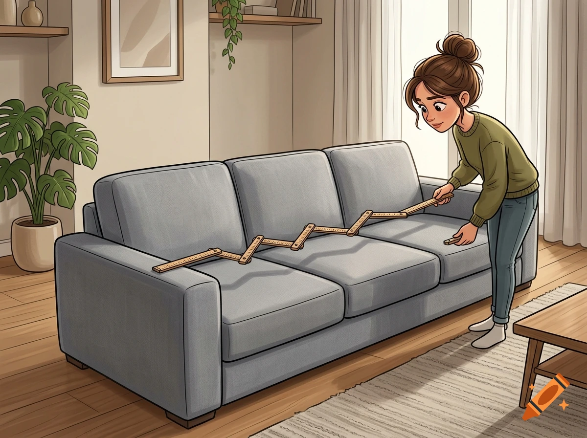 Digital cartoon of a woman measuring a gray sofa with a folding ruler in a bright living room.