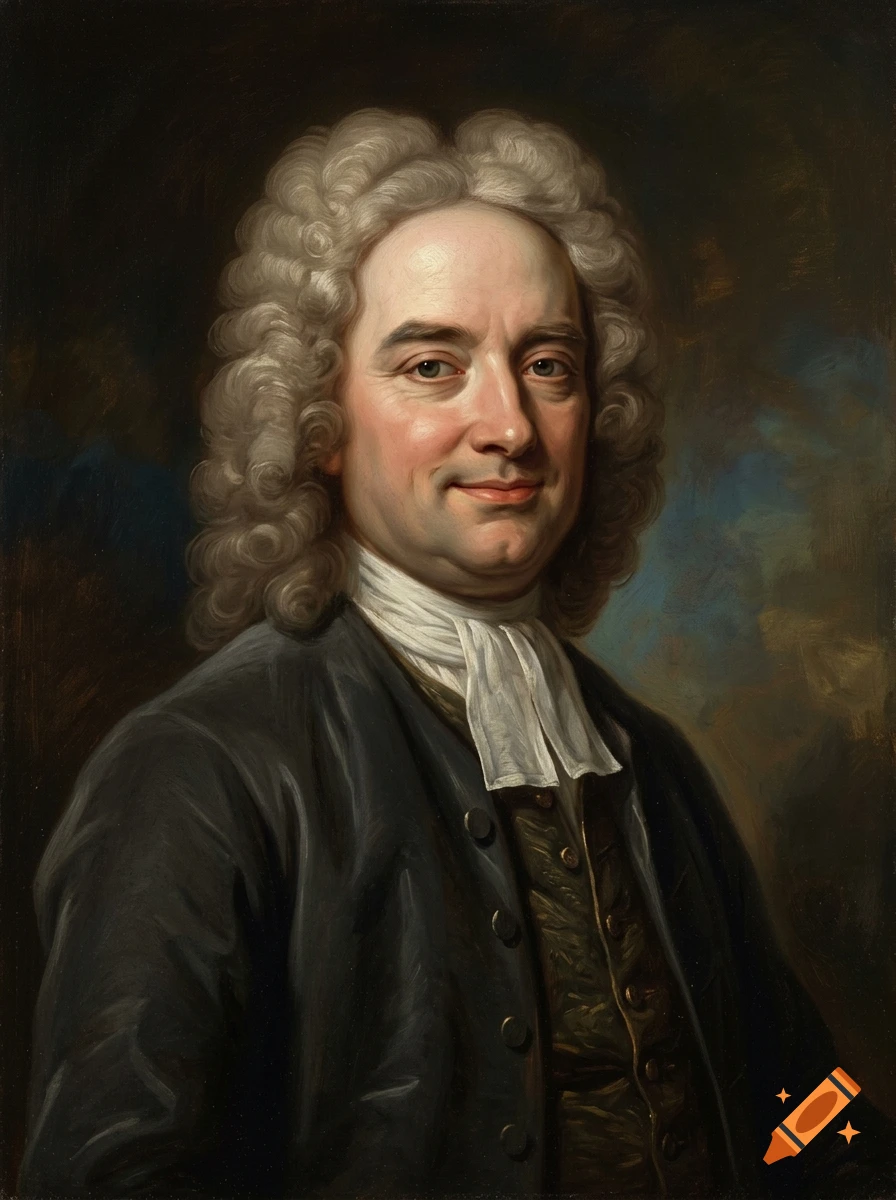 Painted portrait of Jonathan Swift with powdered wig, smiling and looking at the viewer in oil painting style.