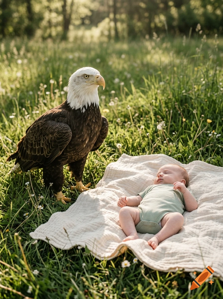 Photorealistic image of a bald eagle standing near a sleeping baby on a blanket in a grassy field.
