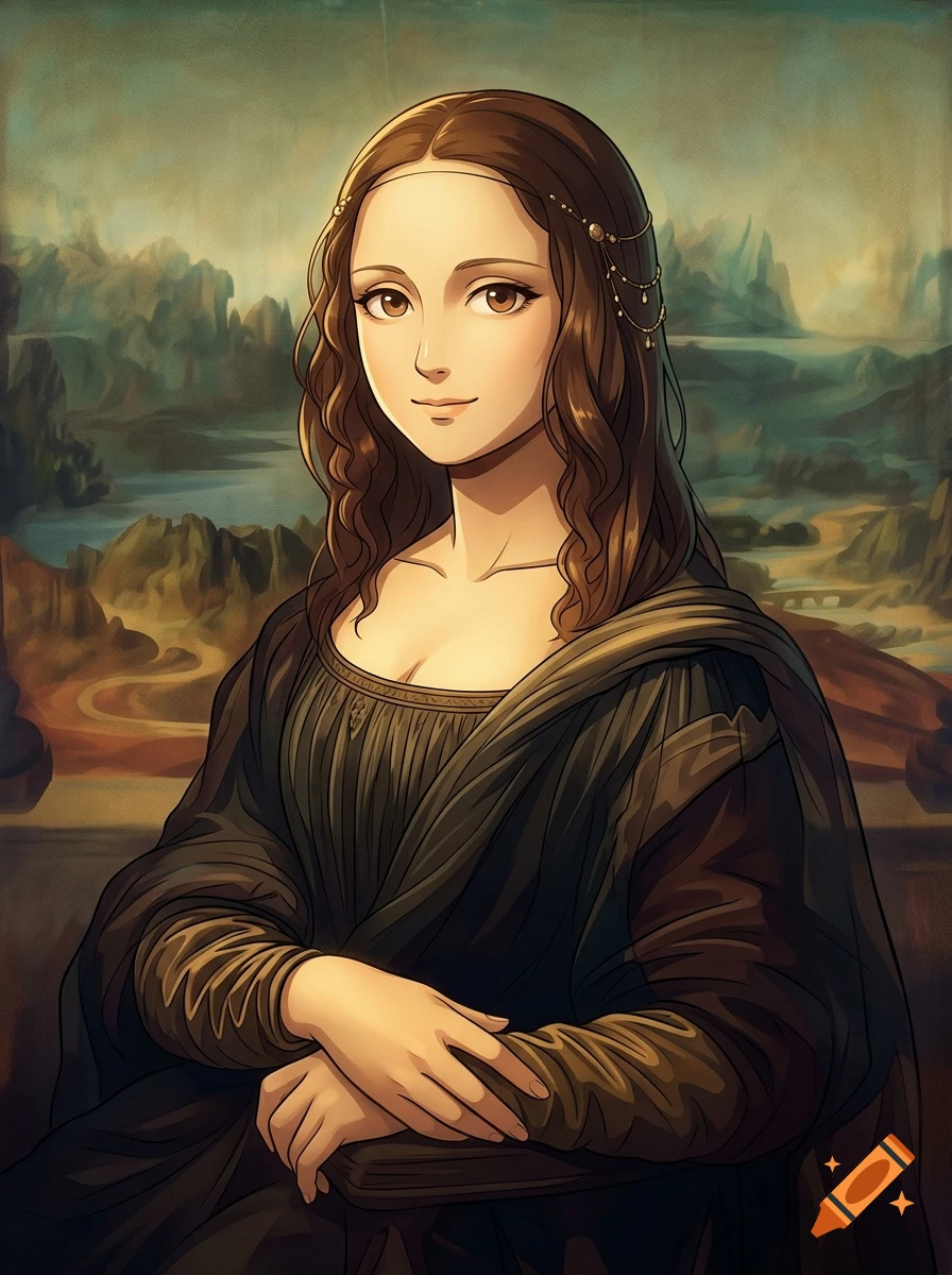 Mona Lisa portrait rendered in an anime art style with brown hair and detailed landscape background.