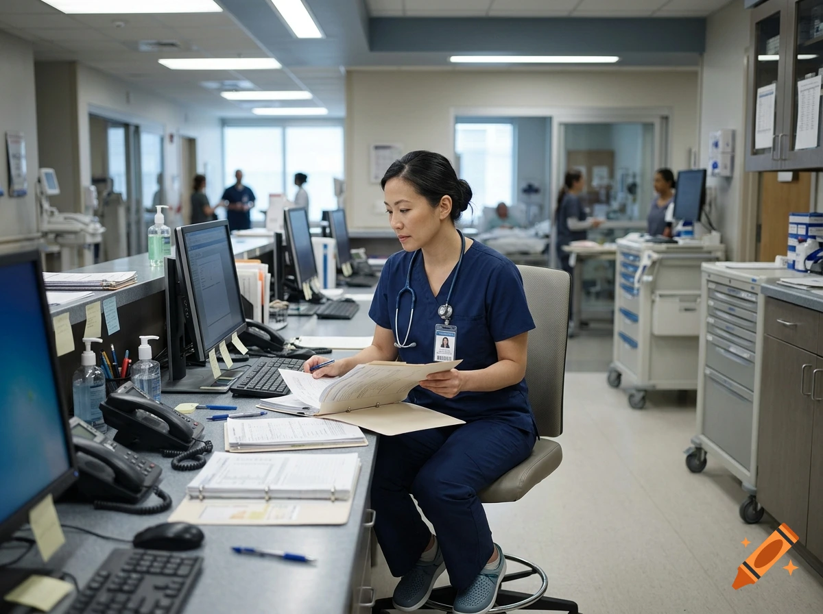 A photorealistic nurse in blue scrubs sitting at a hospital nursing station, reviewing medical charts.