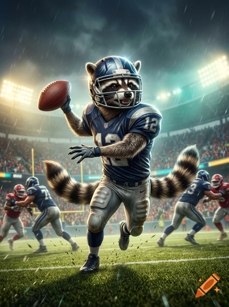 A raccoon wearing a football uniform and helmet, holding a football and running on a stadium field.