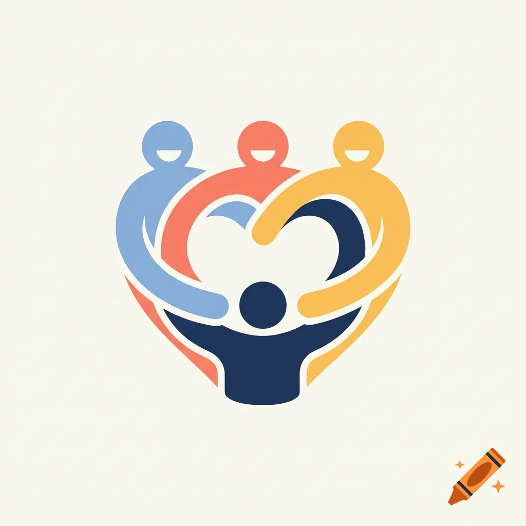 Stylized graphic illustration of four interconnected colorful figures forming a heart shape, representing friendship.