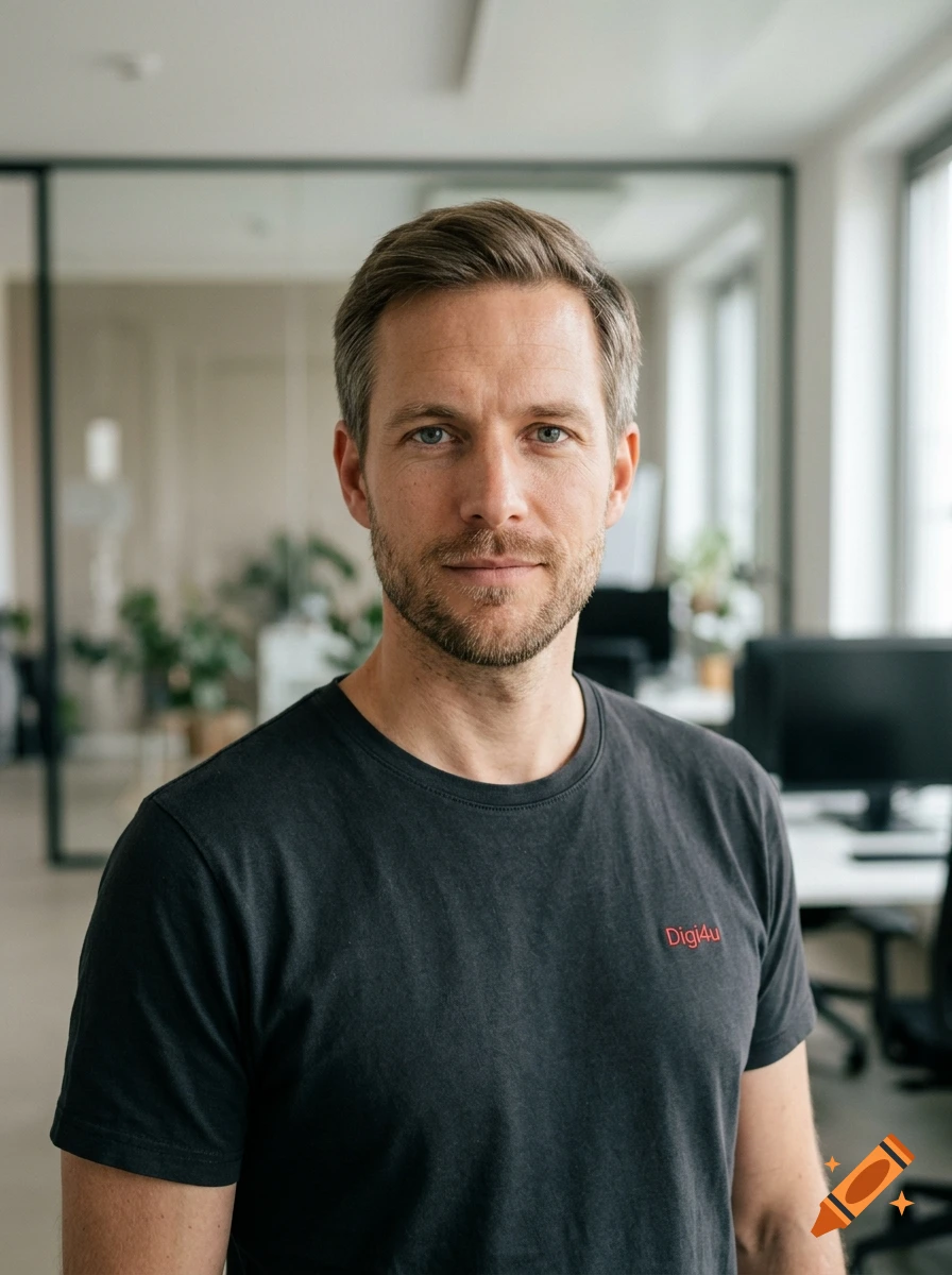 Photorealistic portrait of a 35-year-old man with light hair and stubble in a modern office, wearing a dark t-shirt with a red logo.