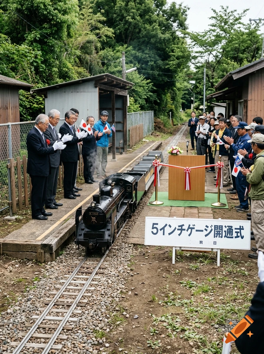 Photorealistic scene of a miniature steam train opening ceremony with attendees clapping along a track.
