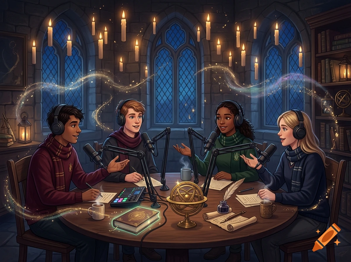 Digital illustration of four diverse teens wearing headphones around a wooden table in a magical castle room, recording a podcast.