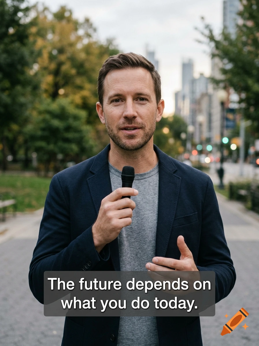 A man in a dark blazer and grey t-shirt holding a microphone outdoors with a city street background, accompanied by text overlay.