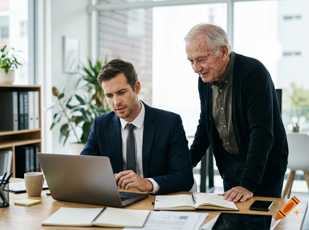 Photorealistic image of a younger businessman looking at a laptop while an older man looks over his shoulder in an office.