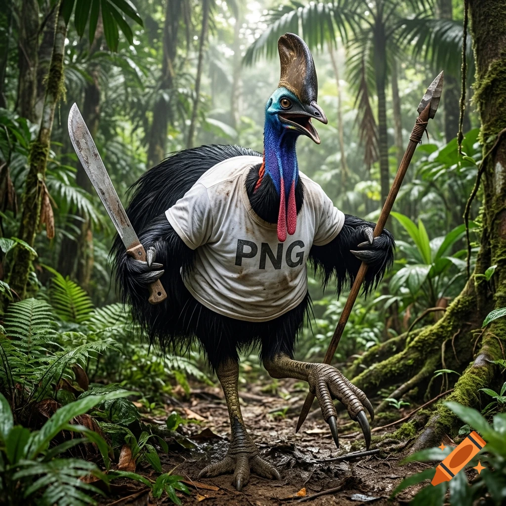 An angry cassowary wearing a white t-shirt with 'PNG' printed on it, holding a machete and a spear in a lush tropical jungle.