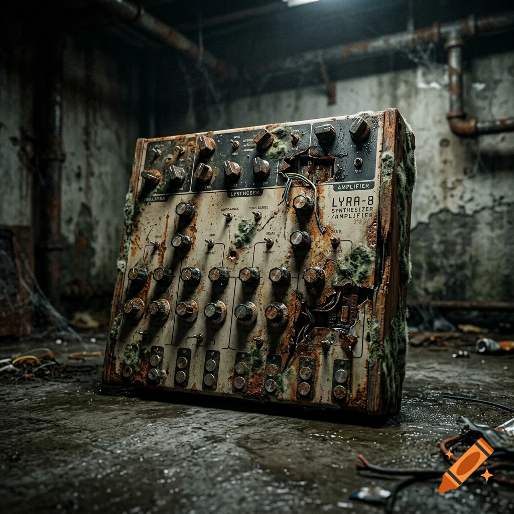 An old, rusty Lyra-8 synthesizer covered in mold, sitting on the floor of a damp, dilapidated room.