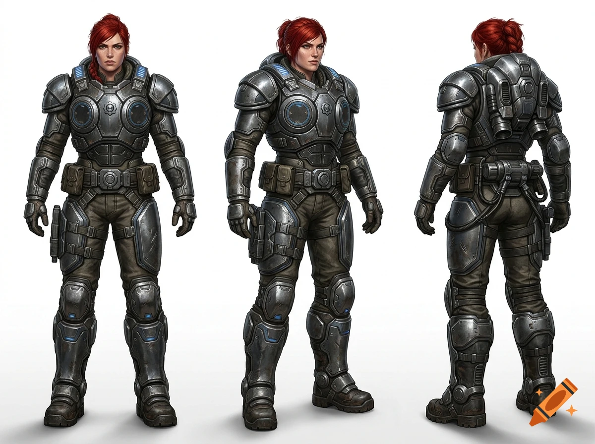 Character design sheet showing a female warrior with red hair in heavy steel armor from multiple angles.
