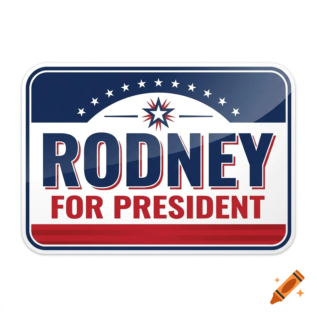 A patriotic bumper sticker featuring the text 'RODNEY FOR PRESIDENT' in blue and red against a white background with stars.