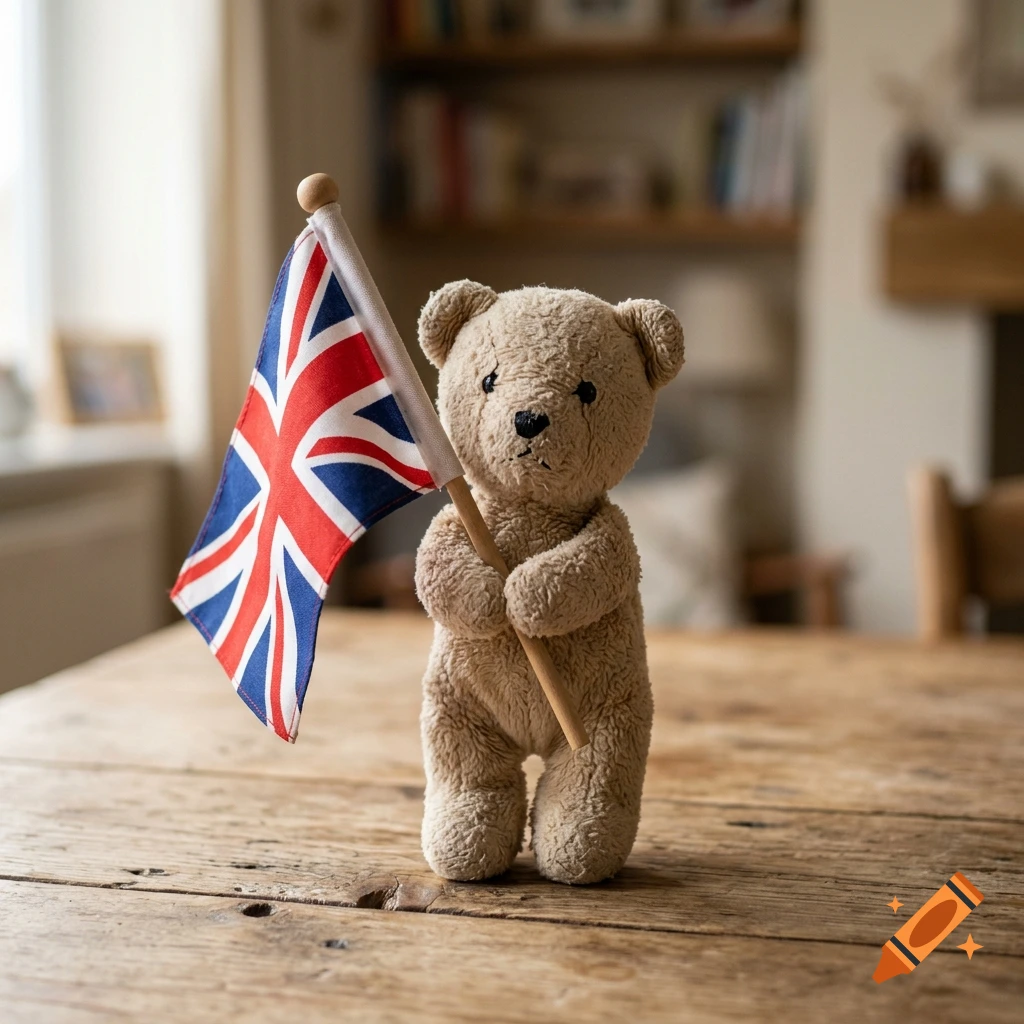 A small toy bear standing on a wooden table, holding a miniature British flag.
