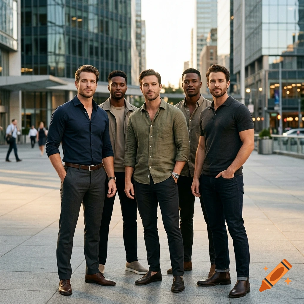 Photorealistic image of five handsome men posing together in a modern city street.