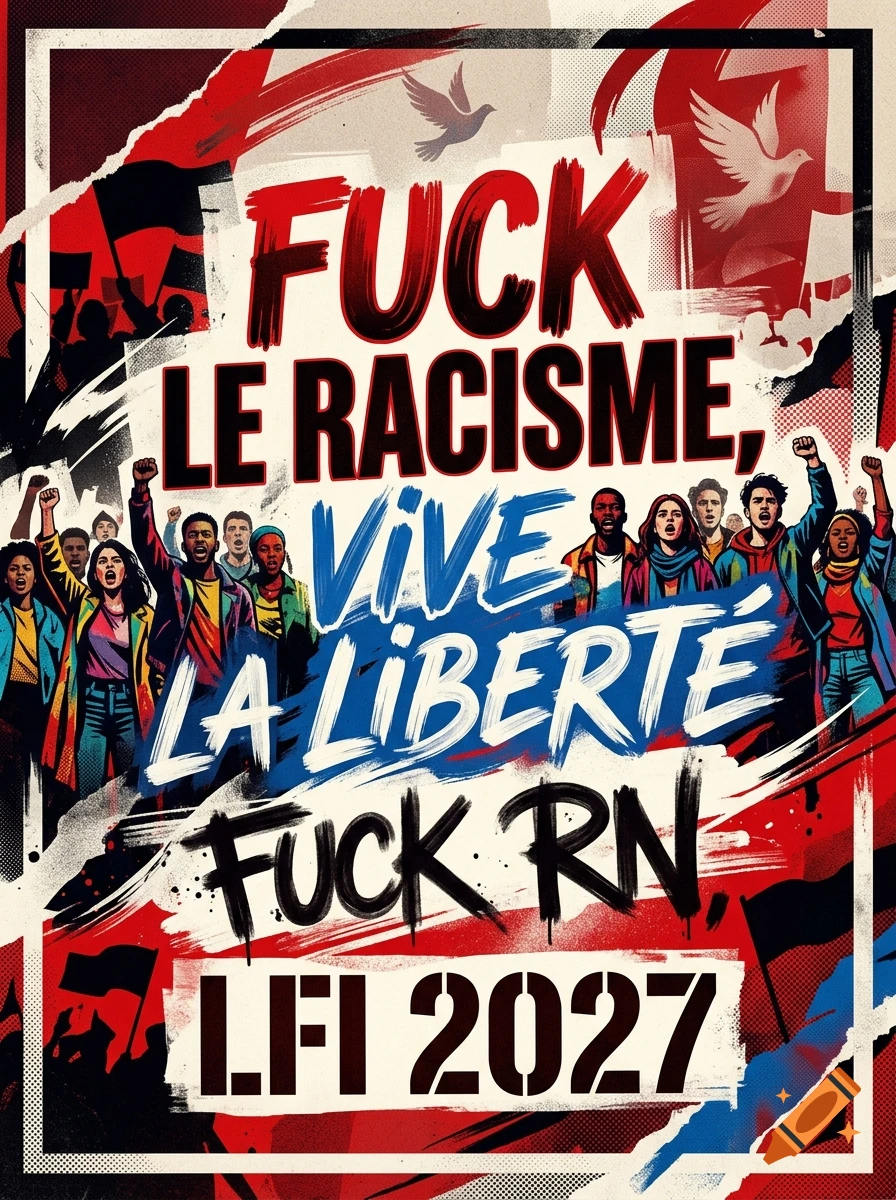 Protest poster with red, white, and black design, featuring a crowd and French slogans including Fuck le racisme and LFI 2027.