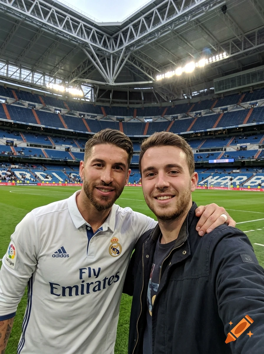 Two men posing together for a selfie inside a large soccer stadium with blue seating.