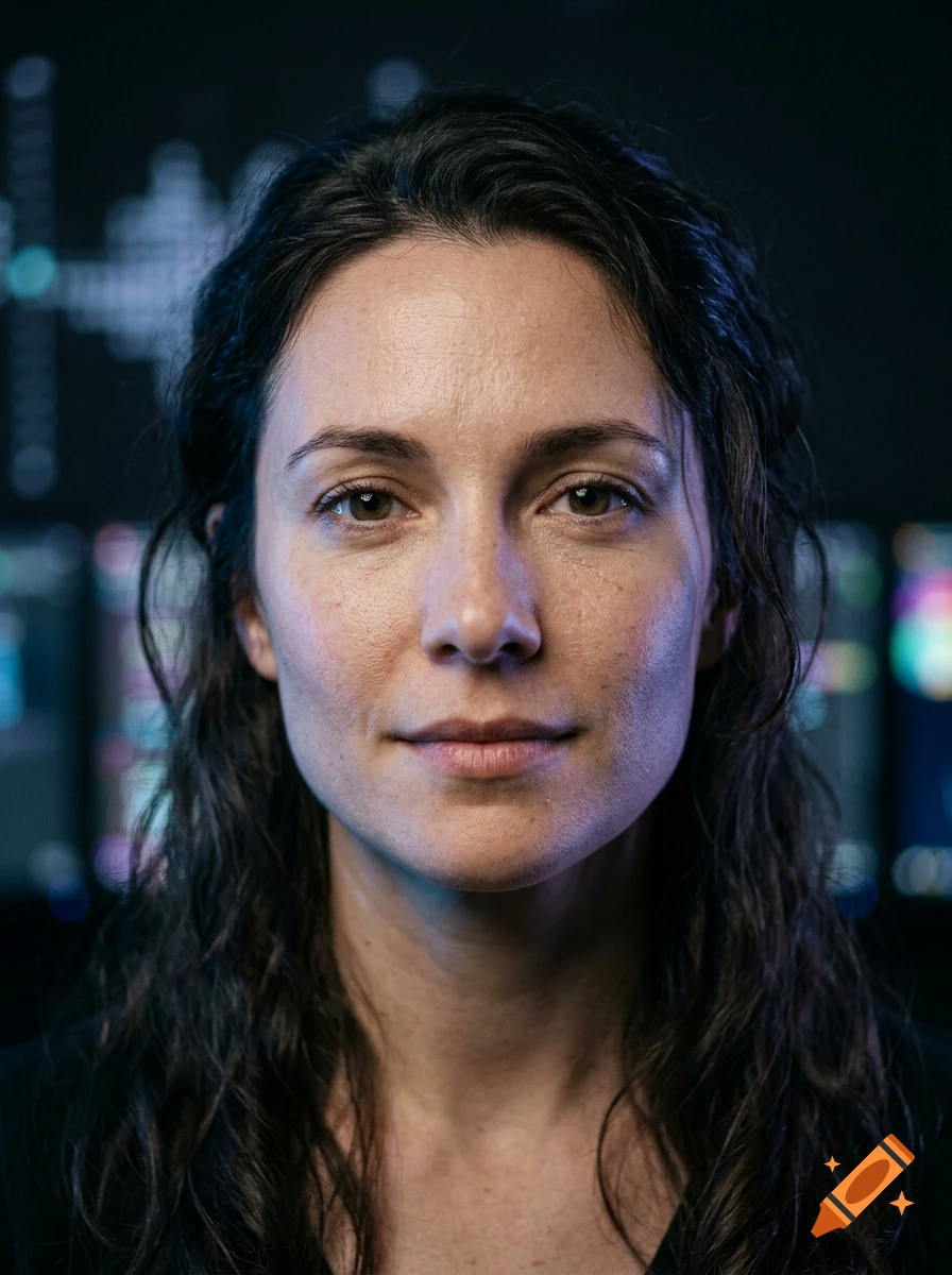 Close-up photorealistic digital portrait of a woman with dark wavy hair looking directly at the camera.