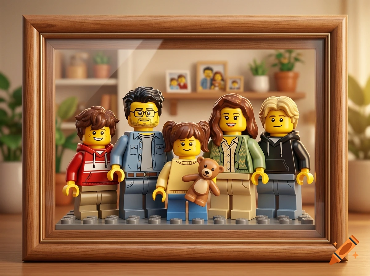 A framed photo containing five Lego minifigures representing a family, including two adults, two children, and a baby holding a teddy bear.