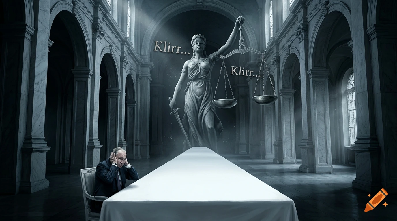 Photorealistic scene of a man sitting alone at a long table in a grand hall, facing a giant statue of Lady Justice with glowing text reading Klirr...