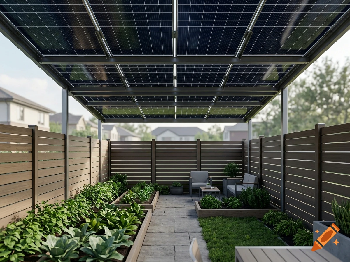 Photorealistic backyard garden with raised beds, wooden fences, and a large overhead canopy of solar panels.