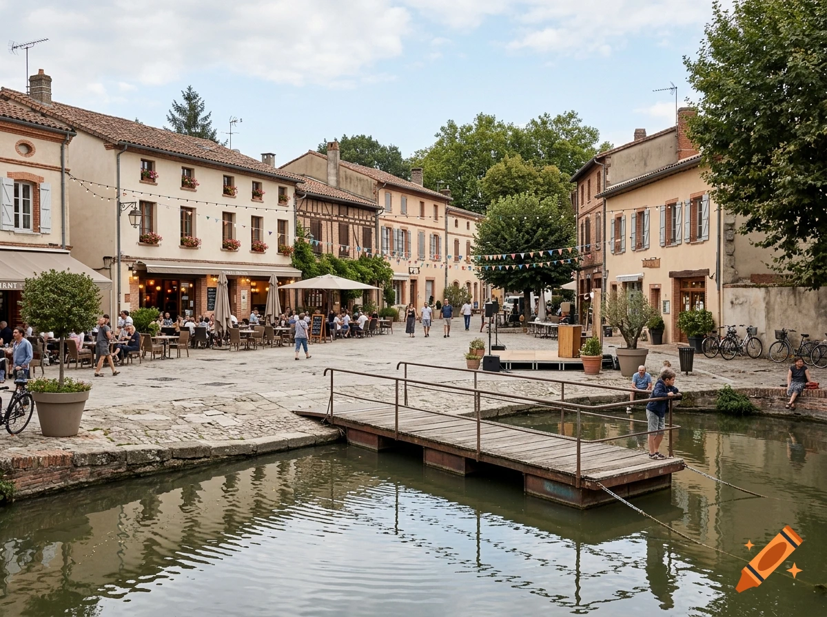 A photorealistic village square with restaurants, historic buildings, a small canal, and a floating wooden platform.