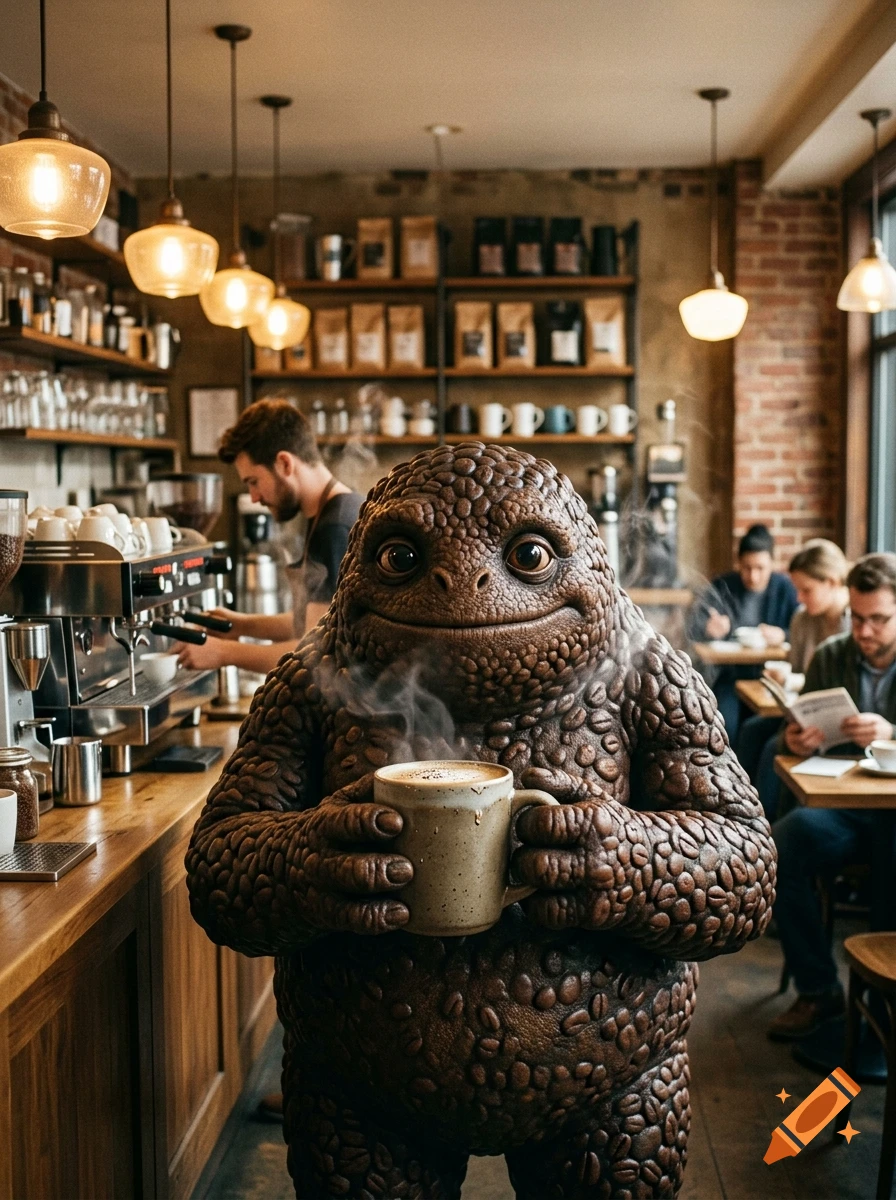 Photorealistic image of a friendly, brown coffee-bean textured monster holding a steaming ceramic mug in a cozy cafe.