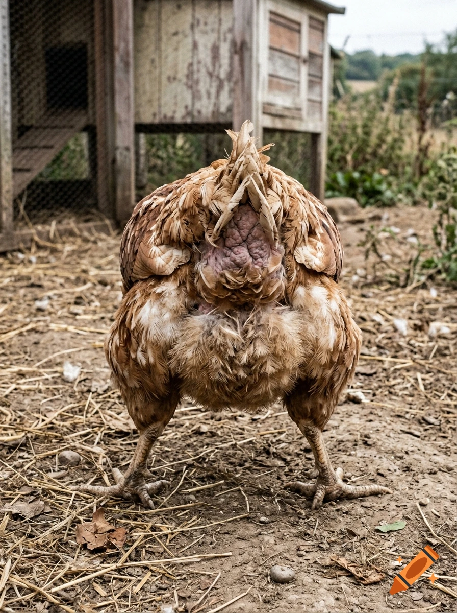 A rear-view close-up shot of a brown hen standing on dirt and straw, with a coop in the background.