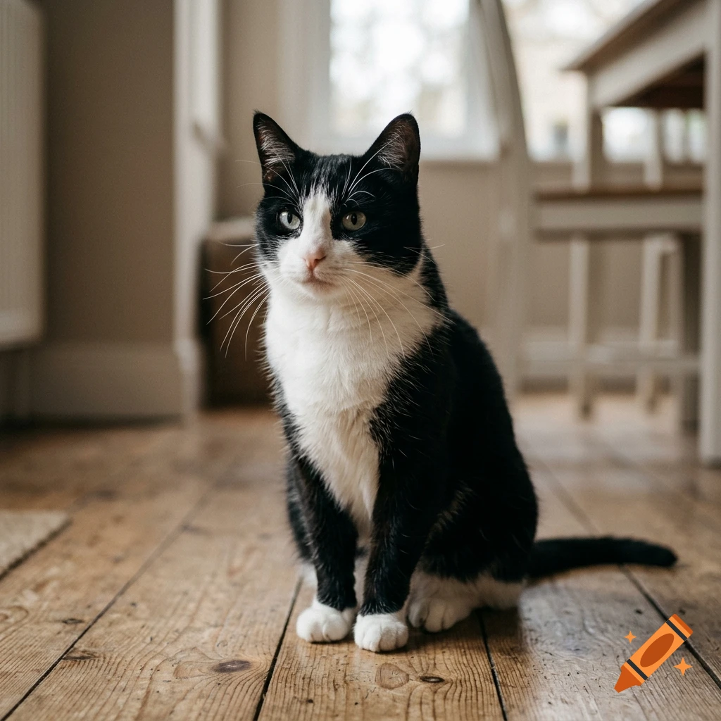 A black and white tuxedo cat sits upright on a wooden floor inside a room.
