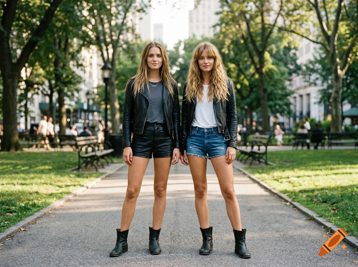 Two young women standing on a paved park path lined with trees and benches, wearing matching leather jackets and boots.