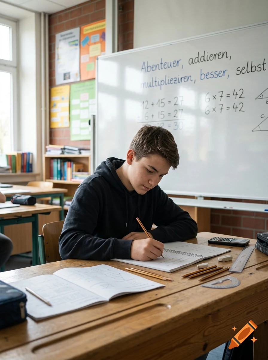 A student in a dark hoodie sits at a wooden school desk, focused on writing in a notebook in front of a white board with math equations.