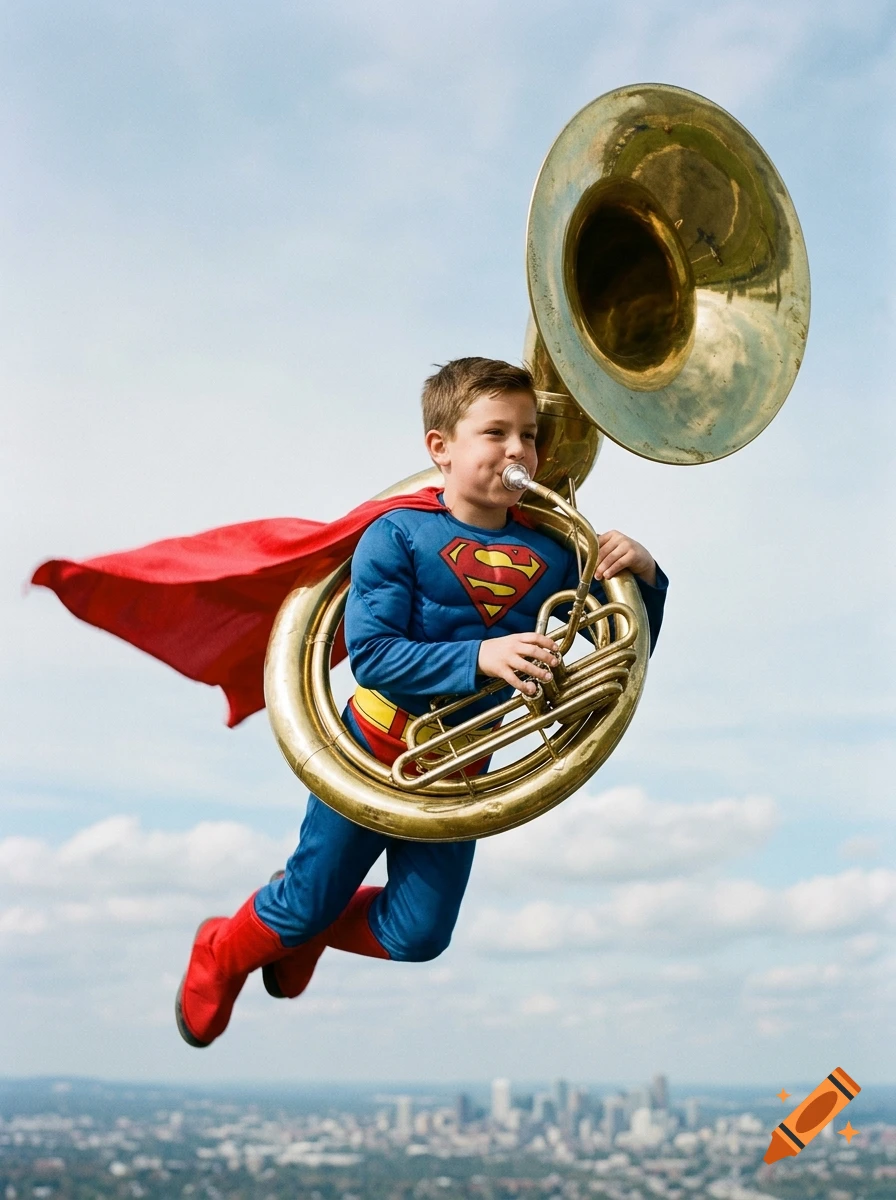 Photorealistic image of a young boy in a Superman costume flying through the air while playing a giant sousaphone.
