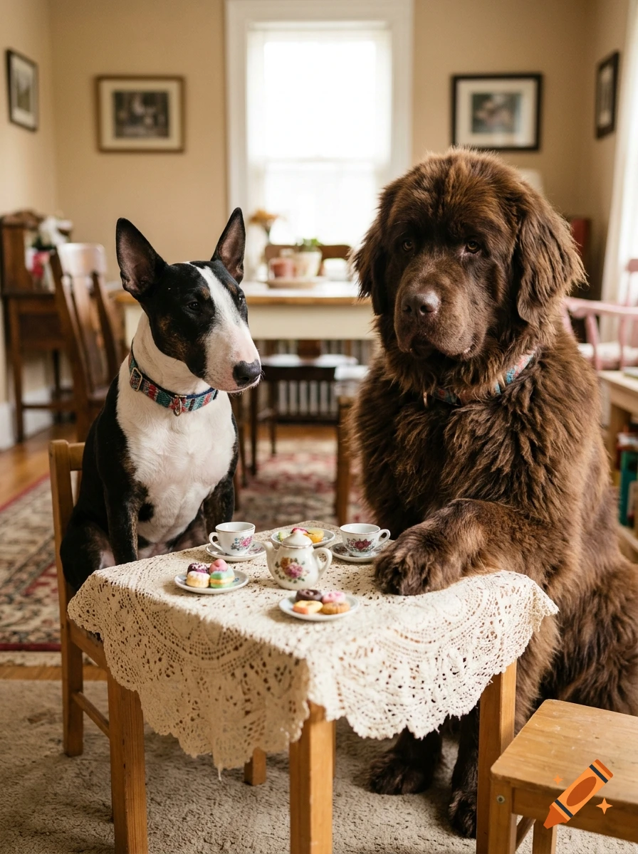 A Bull Terrier and a Newfoundland dog sitting at a miniature table having a tea party in a living room, photorealistic.