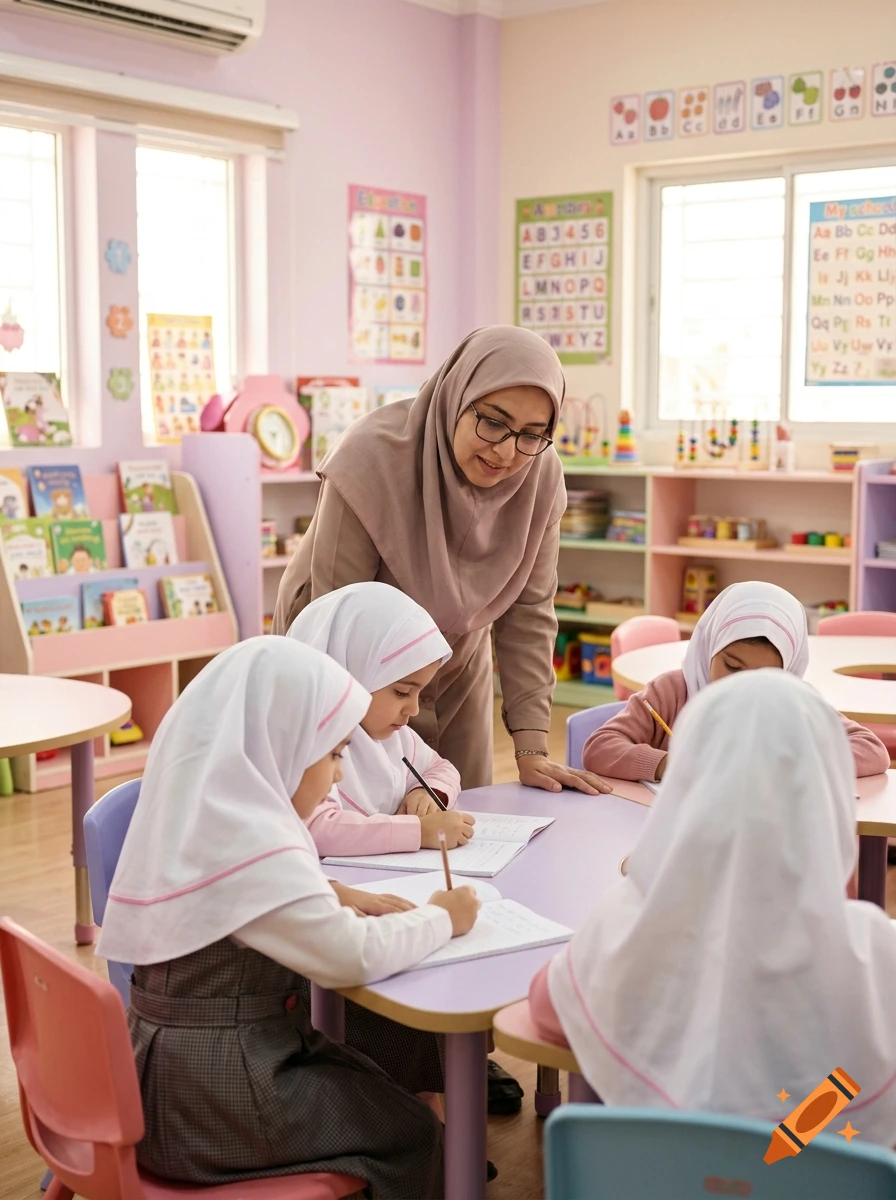 A teacher assisting young students wearing headscarves as they write at colorful tables in a brightly lit classroom.