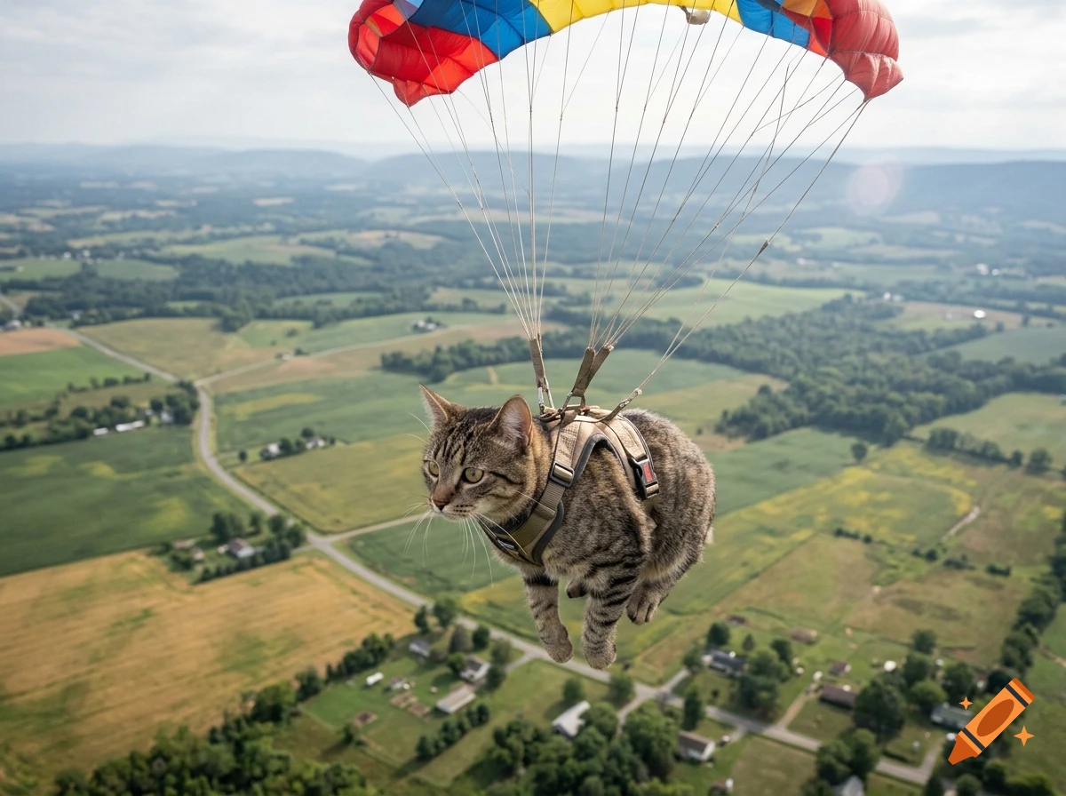 Photorealistic image of a tabby cat skydiving with a small colorful parachute over a green landscape.