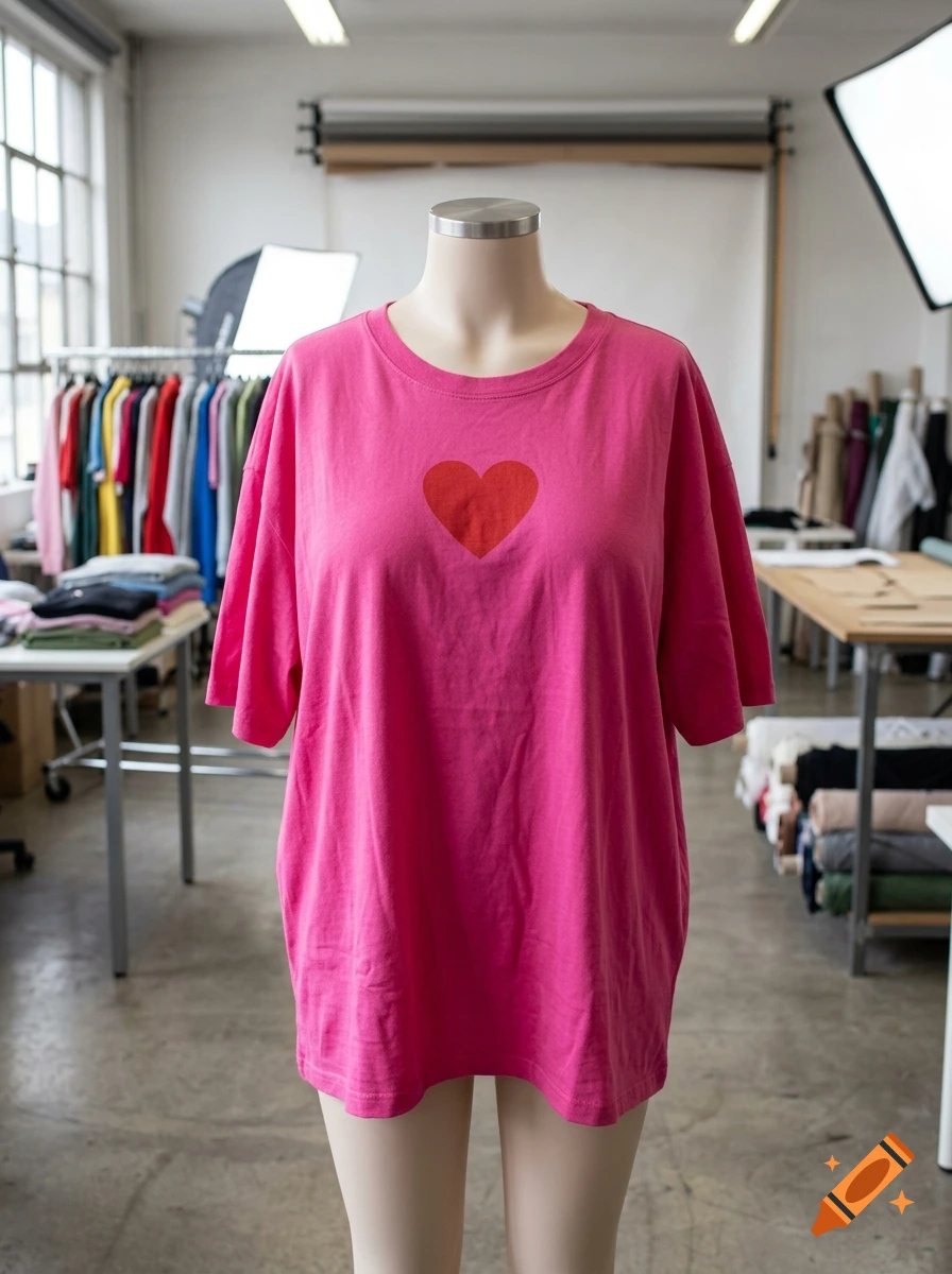 Photorealistic image of a mannequin wearing an oversized fuchsia pink t-shirt with a red heart printed on the chest, in a tailoring studio setting.