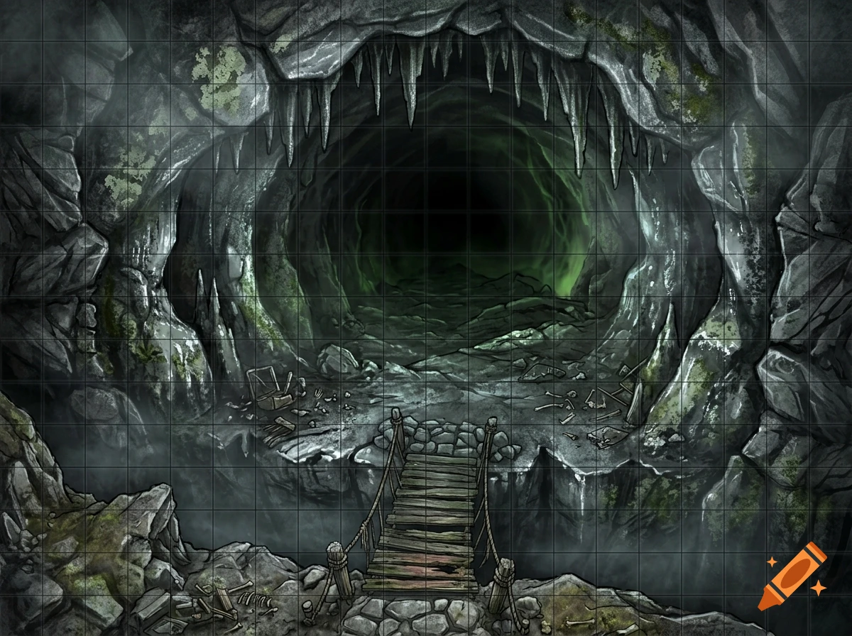 Top-down fantasy RPG battle map of a dark cave entrance with stalactites, bones, and a wooden bridge over a chasm.