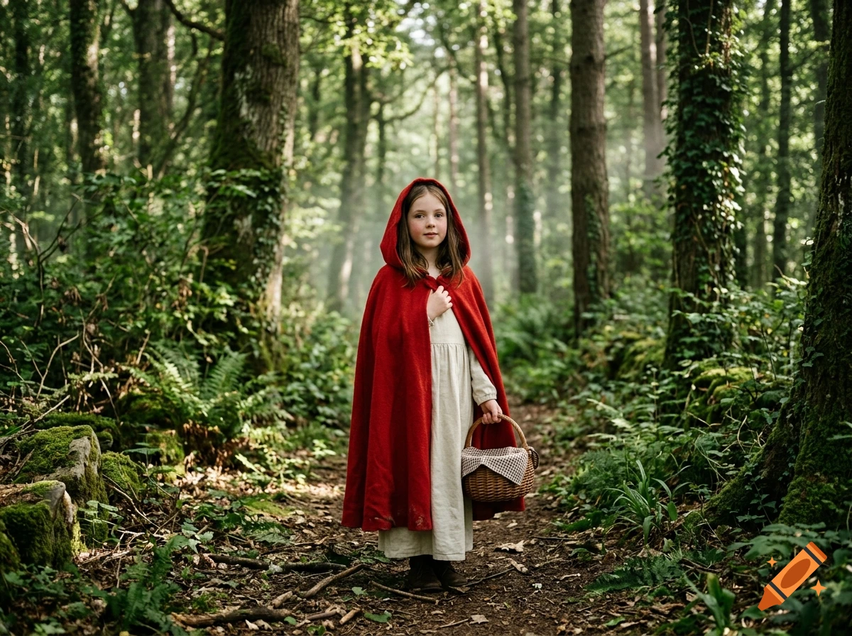 Photorealistic image of a young girl wearing a red hooded cloak, holding a basket in a lush green forest.
