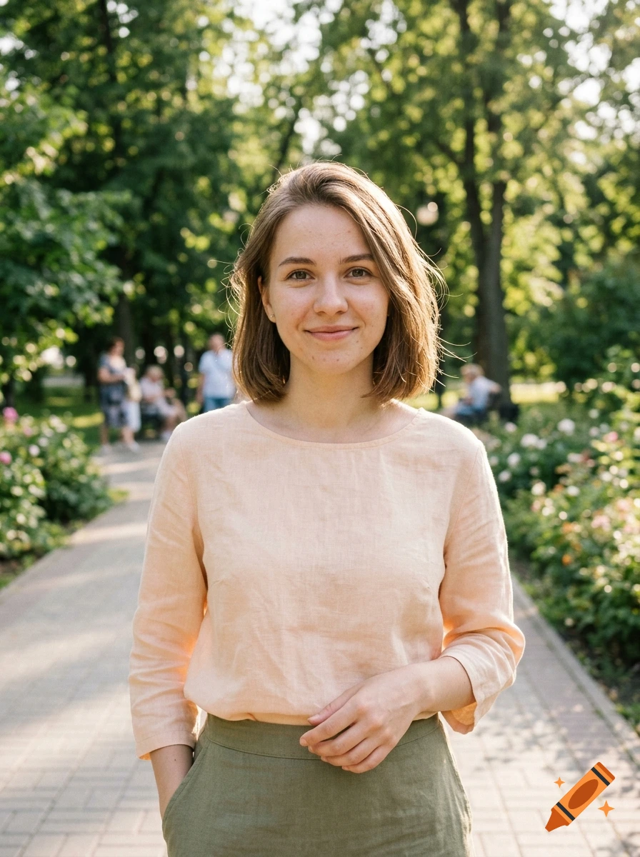 Photorealistic portrait of a young woman with shoulder-length brown hair smiling outdoors in a park.