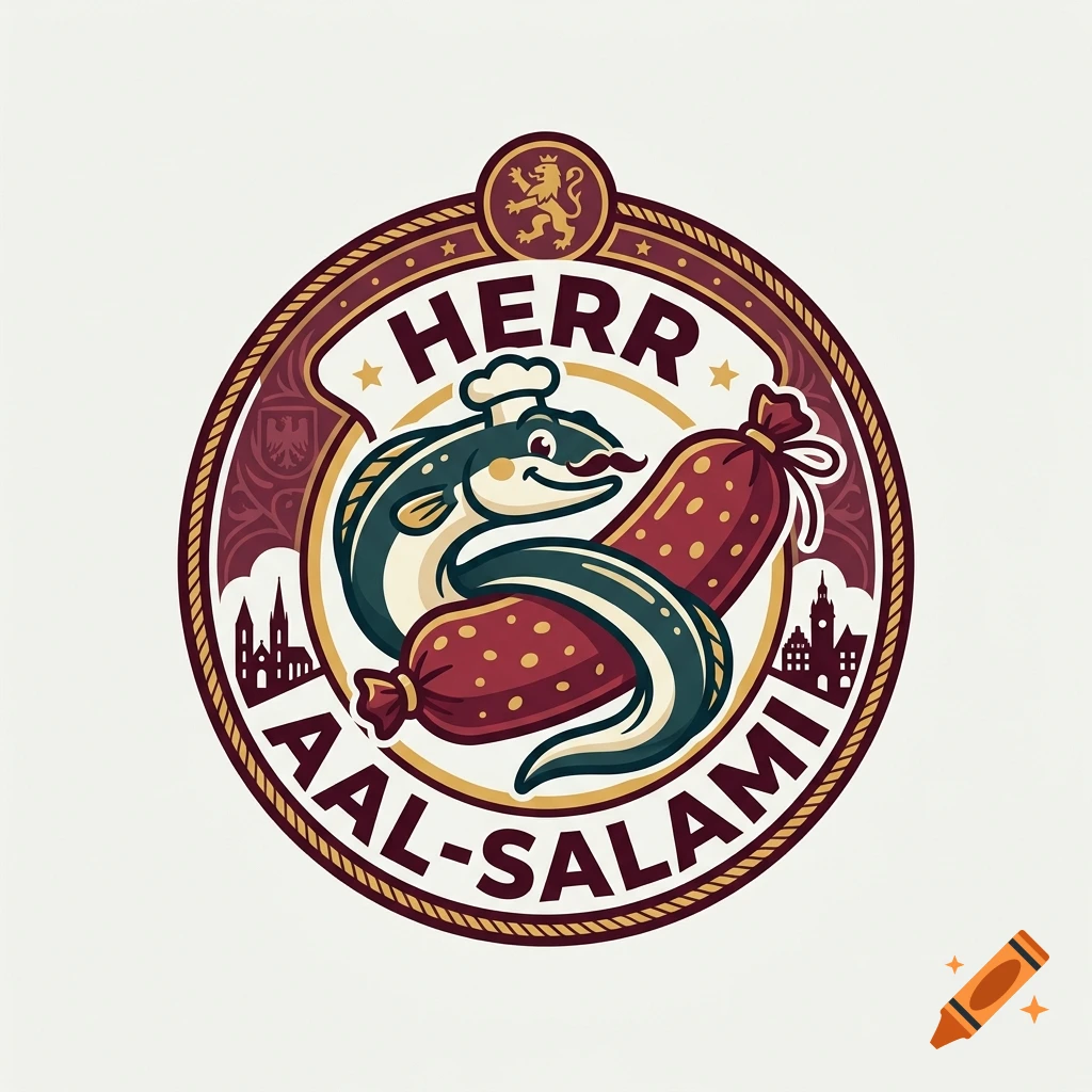 Round logo for Herr Aal-Salami featuring an eel wearing a chef's hat wrapped around a salami, with city silhouette details.