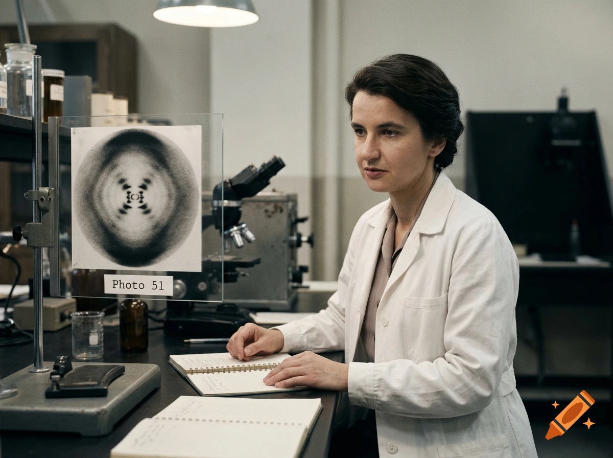 A female scientist in a white lab coat sitting at a laboratory desk with a notebook and Photo 51 X-ray diffraction image.