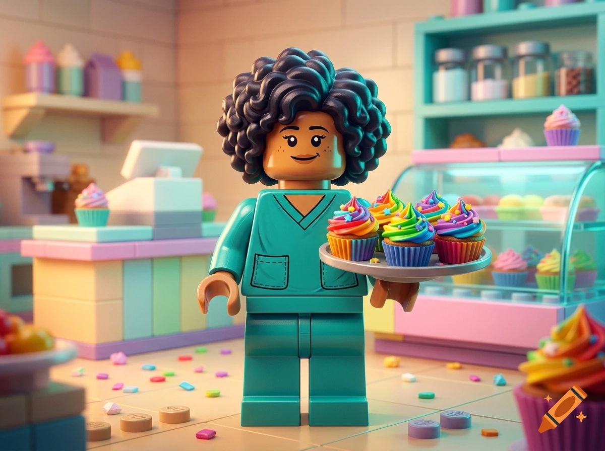 A Lego minifigure with curly hair and teal scrubs holding a tray of colorful cupcakes in a bakery.