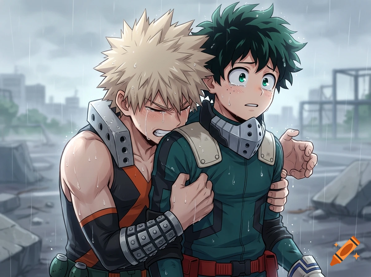 Anime style illustration of Bakugo hugging a crying Deku in the rain amidst ruined buildings.