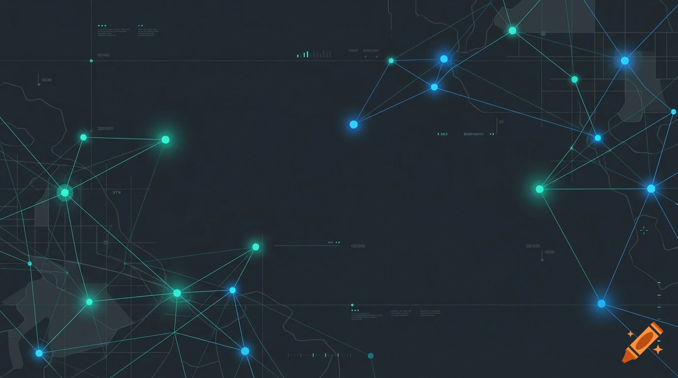 Futuristic digital map banner with glowing network nodes and data lines on a dark background.