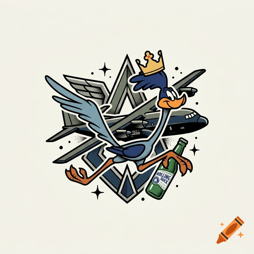 Tattoo style illustration of the Road Runner wearing a crown and holding a Rolling Rock beer bottle in front of an AC-130 gunship logo.