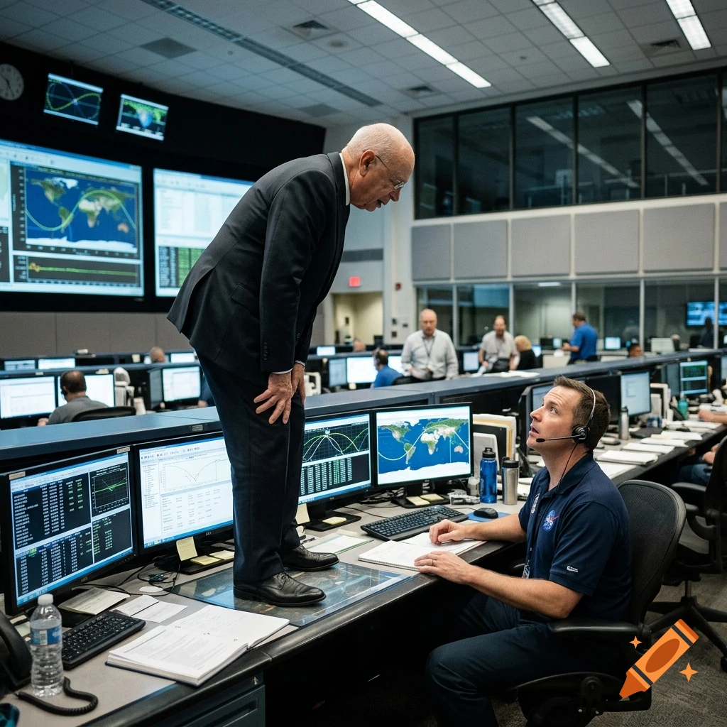 Photorealistic image of Klaus Schwab standing on a desk in a space mission control room, looking down at a technician.