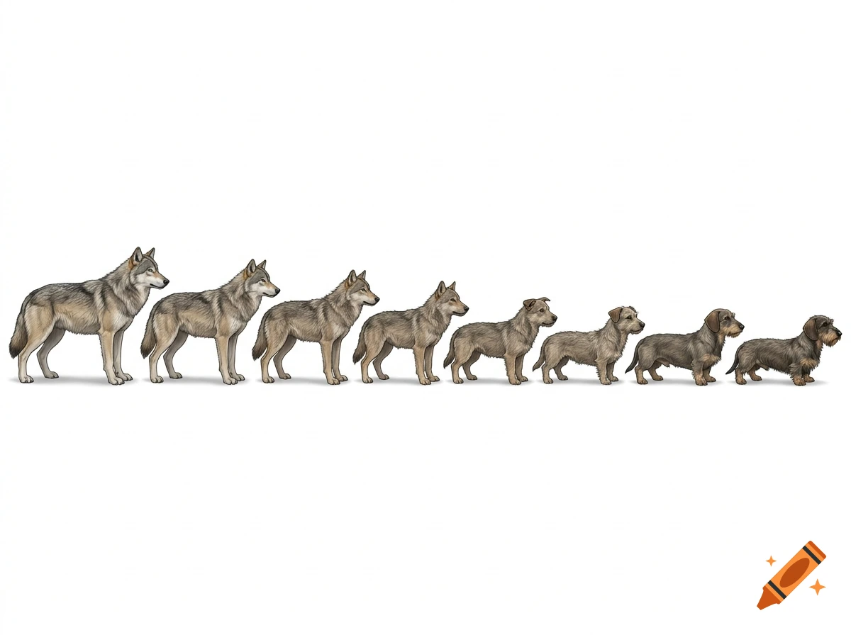 A lineup showing the evolutionary transition and size comparison from a wolf to a dachshund.