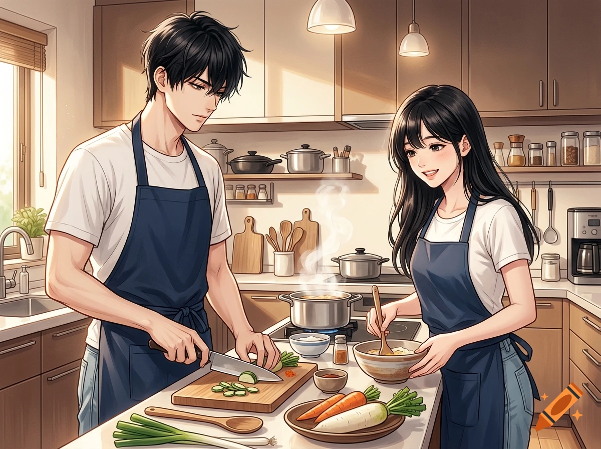 An anime-style illustration of a man and woman cooking together in a modern kitchen.