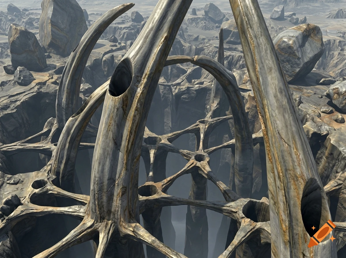 Giant mineral anemone-like structures forming a bridge network in a rocky canyon landscape.