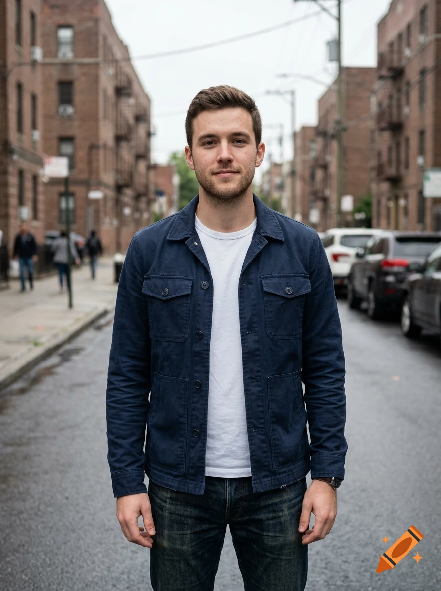 Photorealistic portrait of a young man with a beard, wearing a dark blue jacket and white t-shirt, standing on a city street.