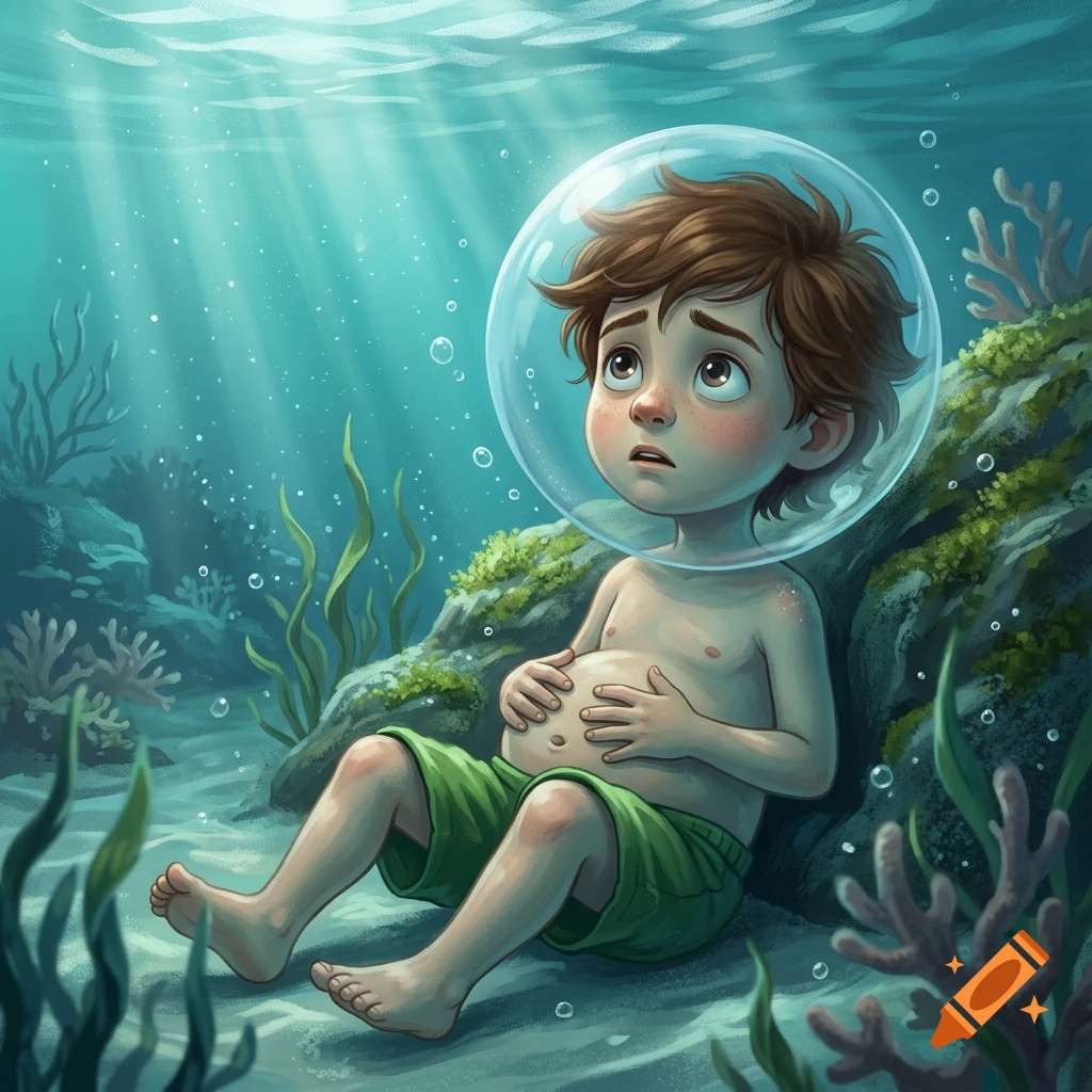 An illustration of a young boy underwater with a glass helmet filled with air on his head, sitting on the seafloor among rocks and aquatic plants.